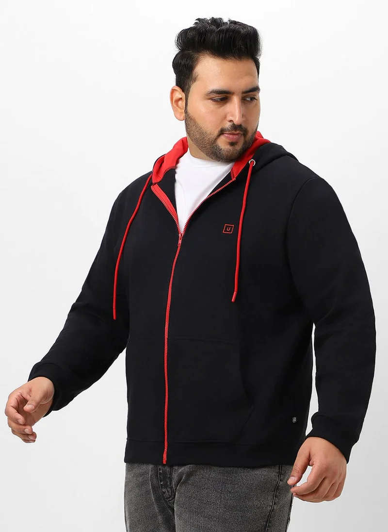Urbano Fashion  Urbano Plus Men's Black Solid Cotton Zippered Hooded Casual Winterwear Sweatshirt for Men | Best Price UAE